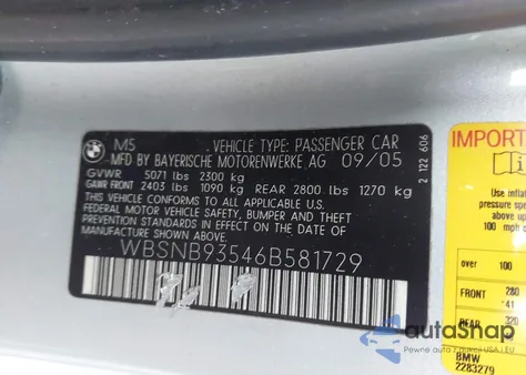 2006 BMW M5 from USA, damaged, VIN WBSNB93546B581729